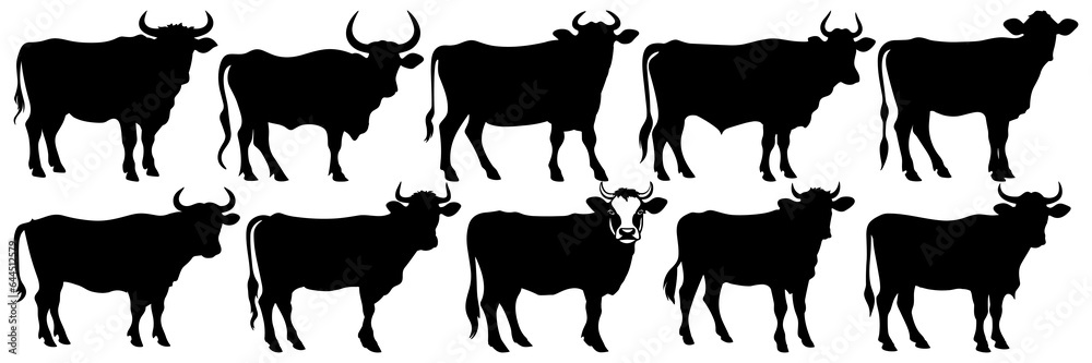 Cow bull farm animals silhouettes set, large pack of vector silhouette ...
