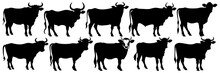Cow Bull Farm Animals Silhouettes Set, Large Pack Of Vector Silhouette Design, Isolated White Background