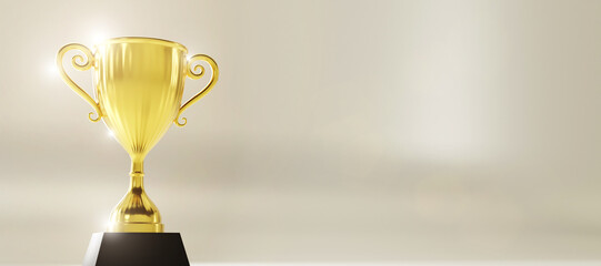 Wall Mural - golden trophy award with falling confetti on gold background. copy space for text. 3d rendering.