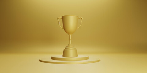 Wall Mural - golden trophy award with falling confetti on gold background. copy space for text. 3d rendering.
