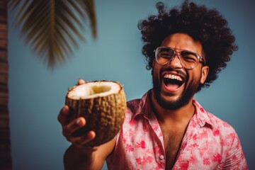 Poster - Joyful man with coconut in his hands.