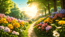 Animation Style Illustrate Them Walking Along A Scenic Forest With Blossoms And Flowers Generated By AI
