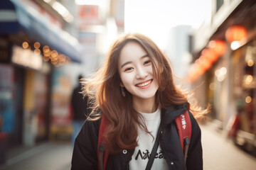 Wall Mural - Portrait of beautiful young Asian female on the city street in Seoul