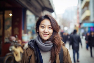 Wall Mural - Portrait of beautiful young Asian female on the city street in Seoul