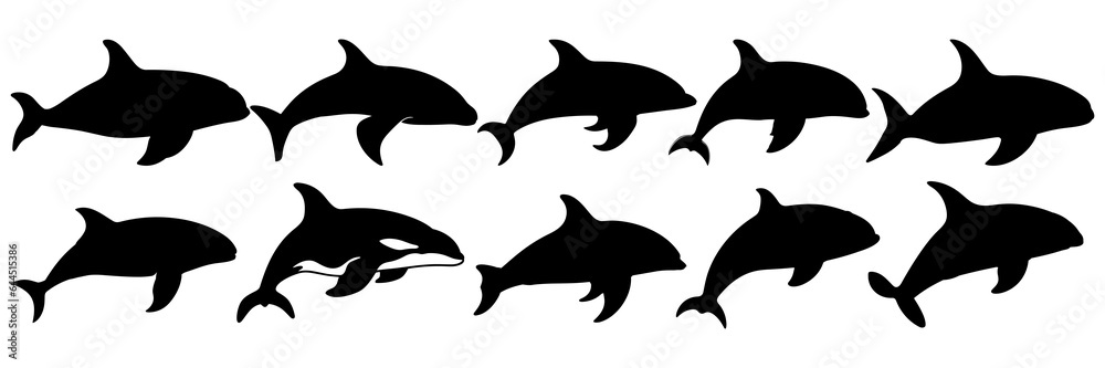 Whale orca silhouettes set, large pack of vector silhouette design ...