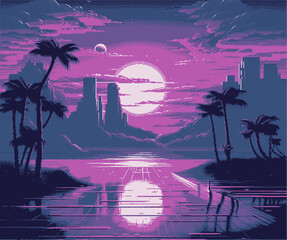 Aufkleber - Synthwave retro 8-bit pixel art landscape with palms and moon in neon colors.
