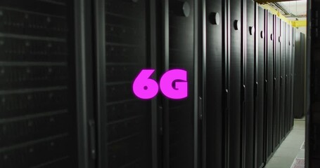 Poster - Animation of pink 6g text over data server systems in server room