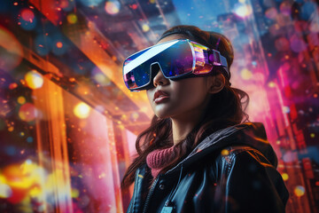 Excited woman wearing vr headset user watching surreal colorful fantasy world made with generative AI