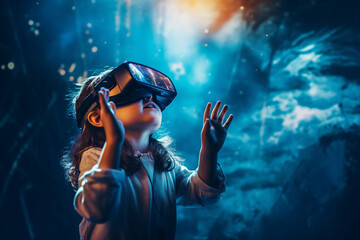 Poster - Excited woman wearing vr headset user watching surreal colorful fantasy world made with generative AI