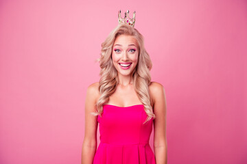 Sticker - Photo of lovely astonished lady toothy smile unexpected reaction wear crown head isolated on pink color background