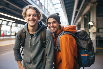 Wall Mural - Two young backpackers are on Amsterdam train station