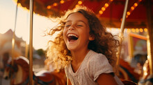 A Happy Young Girl Expressing Excitement While On A Colorful Carousel, Merry-go-round, Having Fun At An Amusement Park Smile, Happiness, Bright Childhood. Generative AI