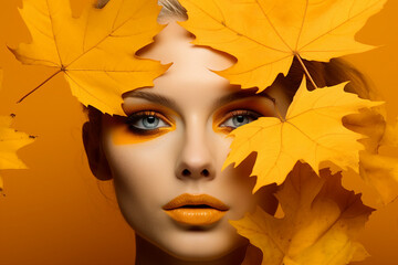Poster - Expressive make up beauty portrait generative IA technology autumn woman model