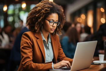Poster - a black female business professional using a laptop in an office, engaged in online research and pro