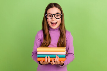 Poster - Photo of impressed funky kid with long hairstyle wear purple turtleneck hold book staring open mouth isolated on green color background