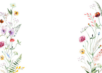 Wall Mural - Frame made of watercolor wild flowers and leaves, summer wedding and greeting illustration