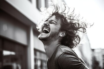 Poster - black and white photograph of a man laughing.