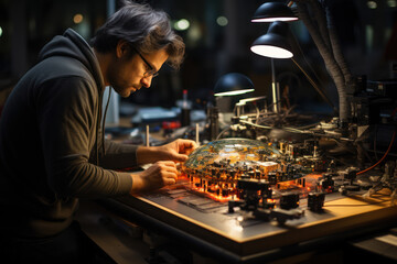 Poster - startup innovations. individual working on a prototype in a workshop, embodying the spirit of innova