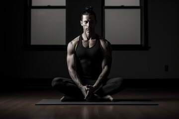 Wall Mural - Muscular man sitting in meditation in the hall.