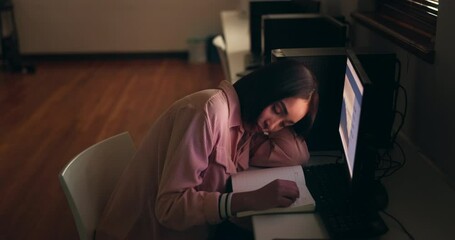 Aufkleber - Business, night and woman tired, sleeping and computer with workaholic, burnout and exhausted in a workplace. Person, employee and journalist writing with notebook, fatigue and nap with low energy