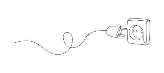 Poster - one continuous line drawing of plug inserting into electric outlet. power socket energy disconnect i