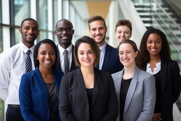 Canvas Print - Portrait of happy business team standing in office. Multiethnic group.