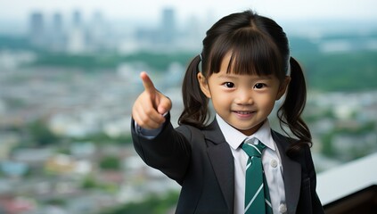 Sticker - Asian little businesswoman in suit pointing at something with cityscape background