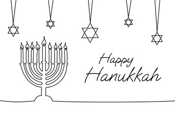 Wall Mural - Happy Hanukkah one continuous line background with menorah, stars of David, copy space. Jewish traditional symbols. Minimal Chanukah banner template. Vector illustration isolated on white