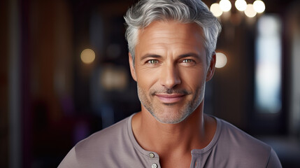 Wall Mural - portrait of  handsome caucasian man with grey hair, ai generated