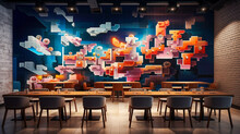 Contemporary Restaurant With Pixel Art On The Wall. Modern Dining Space. Generative AI