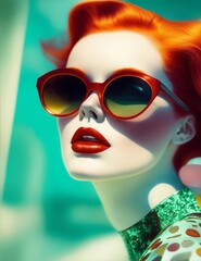 red hair woman, retro glamour, wearing retro sunglasses illustration