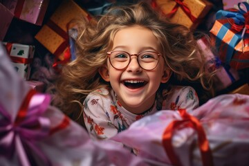 Wall Mural - Happiest face of a girl after opening Christmas gift from her loved one on a background of gorgeous wrapping paper. Generative ai