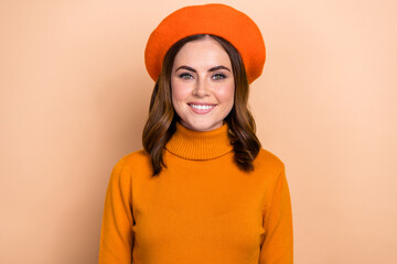 Poster - Photo of adorable satisfied lady beaming smile wear fall cozy bright outfit clothes like new purchases isolated on beige color background