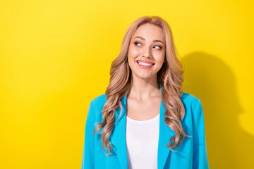 Sticker - Photo of gorgeous positive minded person beaming smile look interested empty space isolated on yellow color background