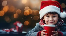 Cute Boy In Santa Hat With Cup Of Hot Chocolate On Christmas Background