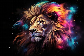 Portrait of Lion Zodiac sign in the night cosmic starry sky in neon rainbow colors watercolor illustration.