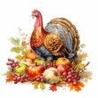 © Анастасия Комарова - Watercolor illustration live turkey with autumn harvest of vegetables and fruits clipart by hand on white background.