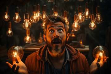 Aufkleber - Eureka Moment. Person with a surprised expression holding a glowing lightbulb above their head, capturing the moment of a brilliant idea. Generative Ai.