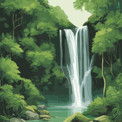 tranquil illustration a serene waterfall nestled within a lush forest. Depict the waterfall cascading down moss covered rocks, surrounded by verdant foliage and trees. natural beauty. for nature (2)