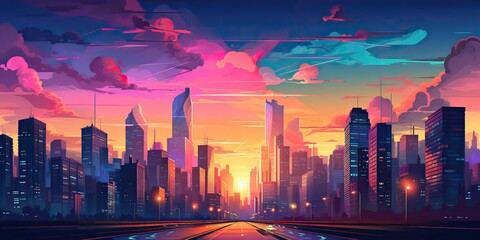 Wall Mural - AI Generated. AI Generative. Vintage retro pink purple vaporwave synthwave city town buildings cityscape background at sunset. Graphic Art