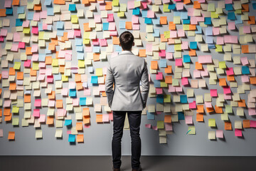 A picture of man standing in front of a wall covered in sticky notes, back view, creative concept of strategic business planning, organization of thinking. 