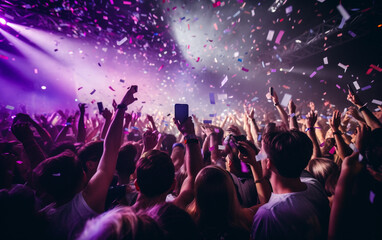 Close up photo of many party people dancing purple lights confetti flying everywhere nightclub event hands raised up wear shiny 