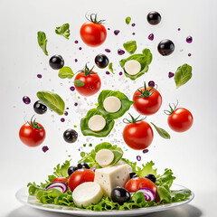 Wall Mural - A white plate with salad and floating in the air ingredients: olives, lettuce, onion, tomato, mozzarella cheese, parsley, basil and olive oil. Vegetarian menu. Generative Ai.