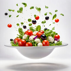 Wall Mural - A white plate with salad and floating in the air ingredients: olives, lettuce, onion, tomato, mozzarella cheese, parsley, basil and olive oil. Vegetarian menu. Generative Ai.