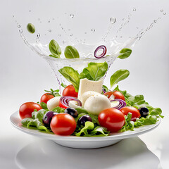 Poster - A white plate with salad and floating in the air ingredients: olives, lettuce, onion, tomato, mozzarella cheese, parsley, basil and olive oil. Vegetarian menu. Generative Ai.