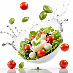 Wall Mural - A white plate with salad and floating in the air ingredients: olives, lettuce, onion, tomato, mozzarella cheese, parsley, basil and olive oil. Vegetarian menu. Generative Ai.