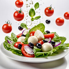 Wall Mural - A white plate with salad and floating in the air ingredients: olives, lettuce, onion, tomato, mozzarella cheese, parsley, basil and olive oil. Vegetarian menu. Generative Ai.