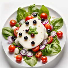 Wall Mural - A white plate with salad and floating in the air ingredients: olives, lettuce, onion, tomato, mozzarella cheese, parsley, basil and olive oil. Vegetarian menu. Generative Ai.