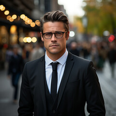 Photo of a professional man in a formal attire standing on a busy city street