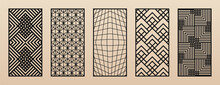 Decorative Panels For CNC, Laser Cutting. Vector Set Of Modern Trendy Pattern Designs With Abstract Geometric Grid, Lines, Stripes, Diamonds, Squares. Laser Cut Patterns Collection. Aspect Ratio 1:2